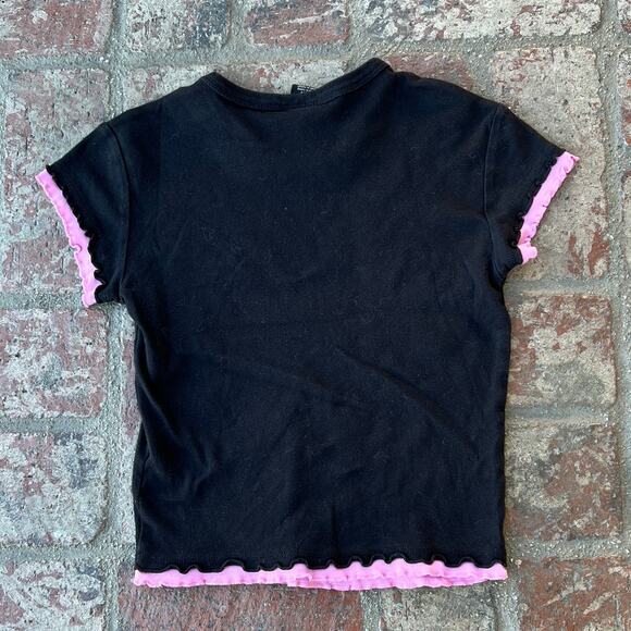Urban Outfitters Cropped Rose Tee Shirt Black Pink Lettuce Trim Layered Size XS - Picture 3 of 3